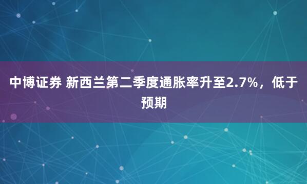 中博证券 新西兰第二季度通胀率升至2.7%，低于预期